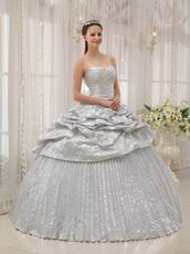 New Arrival Shiny Silver Corset Pleated Bulging Gown Quinceanera Party Wear