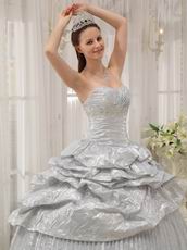 New Arrival Shiny Silver Corset Pleated Bulging Gown Quinceanera Party Wear