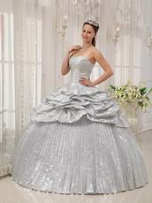 New Arrival Shiny Silver Corset Pleated Bulging Gown Quinceanera Party Wear