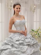 New Arrival Shiny Silver Corset Pleated Bulging Gown Quinceanera Party Wear