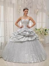 New Arrival Shiny Silver Corset Pleated Bulging Gown Quinceanera Party Wear