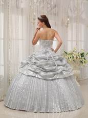 New Arrival Shiny Silver Corset Pleated Bulging Gown Quinceanera Party Wear