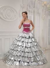 Flaring Layers Cascade Trimed Skirt Silver Quinceanera Dress