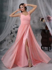 Watermelon Chiffon Pleat Prom Dress With Sexy High Split Inexpensive