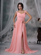 Watermelon Chiffon Pleat Prom Dress With Sexy High Split Inexpensive