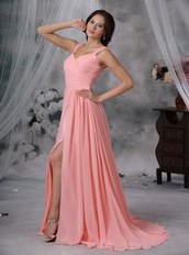 Watermelon Chiffon Pleat Prom Dress With Sexy High Split Inexpensive