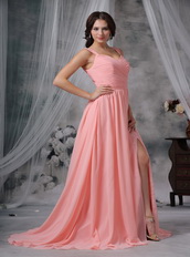 Watermelon Chiffon Pleat Prom Dress With Sexy High Split Inexpensive