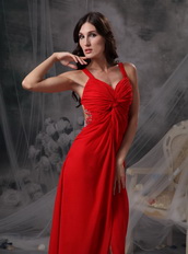 Straps Scarlet Red Chiffon Celebrity Dress Skirt With Split Inexpensive