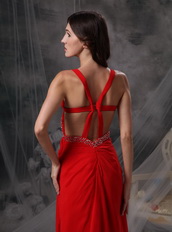 Straps Scarlet Red Chiffon Celebrity Dress Skirt With Split Inexpensive