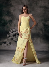 Yellow Chiffon Sweetheart Neck Long Prom Dresses With Split Inexpensive