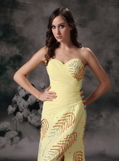 Yellow Chiffon Sweetheart Neck Long Prom Dresses With Split Inexpensive