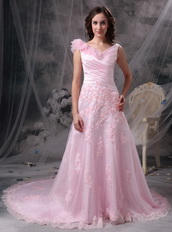 Baby Pink Princess V-neck Prom Dress With Applique Emberllish Inexpensive