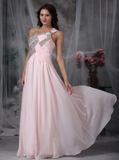 One Shoulder Beading Prom Dress Baby Pink Chiffon Fabric Inexpensive