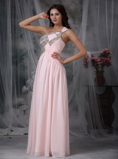 One Shoulder Beading Prom Dress Baby Pink Chiffon Fabric Inexpensive