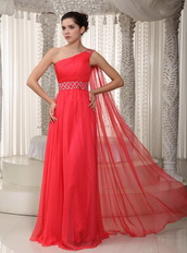 Watteau Top Prom Dresses 2014 With One Shoulder Coral Red Skirt Inexpensive