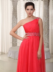 Watteau Top Prom Dresses 2014 With One Shoulder Coral Red Skirt Inexpensive