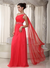 Watteau Top Prom Dresses 2014 With One Shoulder Coral Red Skirt Inexpensive