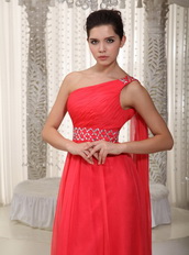 Watteau Top Prom Dresses 2014 With One Shoulder Coral Red Skirt Inexpensive