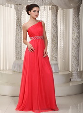 Watteau Top Prom Dresses 2014 With One Shoulder Coral Red Skirt Inexpensive