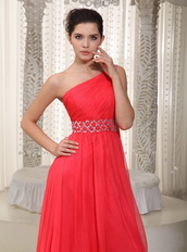 Watteau Top Prom Dresses 2014 With One Shoulder Coral Red Skirt Inexpensive