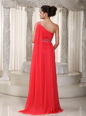 Watteau Top Prom Dresses 2014 With One Shoulder Coral Red Skirt Inexpensive