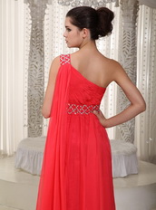 Watteau Top Prom Dresses 2014 With One Shoulder Coral Red Skirt Inexpensive