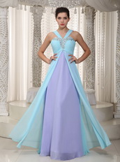 Aqua Blue and Lavender Chiffon Prom Dress V Neckline Inexpensive