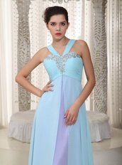 Aqua Blue and Lavender Chiffon Prom Dress V Neckline Inexpensive