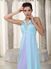 Aqua Blue and Lavender Chiffon Prom Dress V Neckline Inexpensive