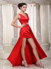 Floor Length High Low Style V-neck Celebrity Dresses Red Inexpensive