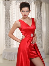 Floor Length High Low Style V-neck Celebrity Dresses Red Inexpensive