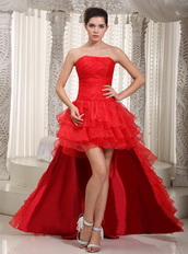 Scarlet Red Strapless Ruffles Prom / Party Dress With Detachable Train Inexpensive