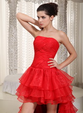 Scarlet Red Strapless Ruffles Prom / Party Dress With Detachable Train Inexpensive
