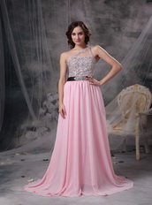 One Shoulder Baby Pink Chiffon Beaded Prom Party Dress Inexpensive