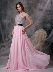 One Shoulder Baby Pink Chiffon Beaded Prom Party Dress Inexpensive