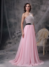 One Shoulder Baby Pink Chiffon Beaded Prom Party Dress Inexpensive