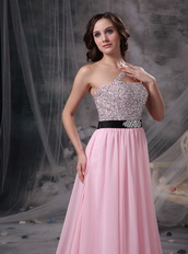 One Shoulder Baby Pink Chiffon Beaded Prom Party Dress Inexpensive
