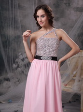 One Shoulder Baby Pink Chiffon Beaded Prom Party Dress Inexpensive