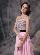 One Shoulder Baby Pink Chiffon Beaded Prom Party Dress Inexpensive