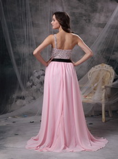 One Shoulder Baby Pink Chiffon Beaded Prom Party Dress Inexpensive