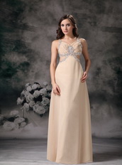 Straps Brush-length Champagne Chiffon Prom Dress Cross Back Inexpensive