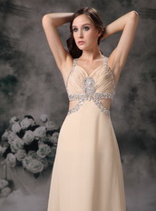 Straps Brush-length Champagne Chiffon Prom Dress Cross Back Inexpensive