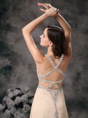 Straps Brush-length Champagne Chiffon Prom Dress Cross Back Inexpensive