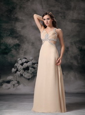 Straps Brush-length Champagne Chiffon Prom Dress Cross Back Inexpensive