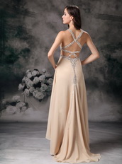 Straps Brush-length Champagne Chiffon Prom Dress Cross Back Inexpensive