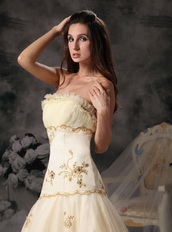 Champagne Strapless Organza Prom Dress With Golden Embroidery Inexpensive