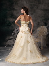 Champagne Strapless Organza Prom Dress With Golden Embroidery Inexpensive