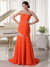 Appliques One Shoulder Orange Red Sheath Mermaid Skirt Dress Prom Inexpensive