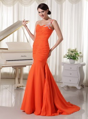 Appliques One Shoulder Orange Red Sheath Mermaid Skirt Dress Prom Inexpensive