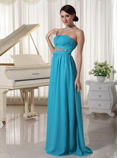 Beaded Decorate Waist Teal Chiffon Prom Dress For Lady Inexpensive